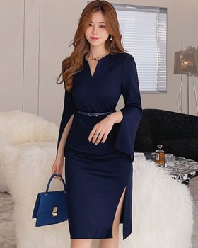 Long sleeve fashion slit slim long ladies bottoming dress