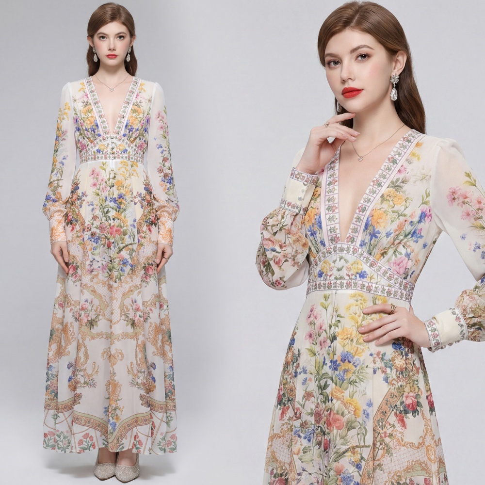 Court style frenum dress V-neck big skirt long dress