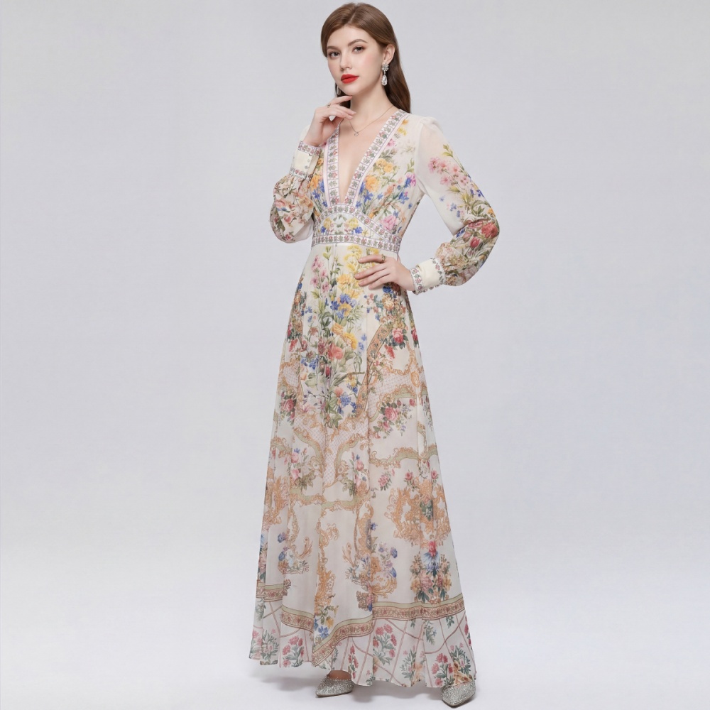 Court style frenum dress V-neck big skirt long dress