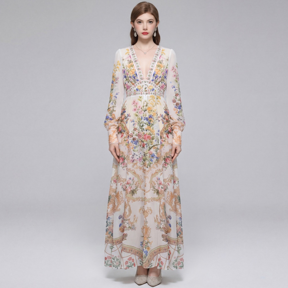 Court style frenum dress V-neck big skirt long dress