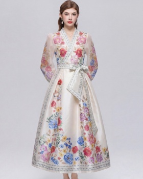 Printing big skirt dress pinched waist long dress