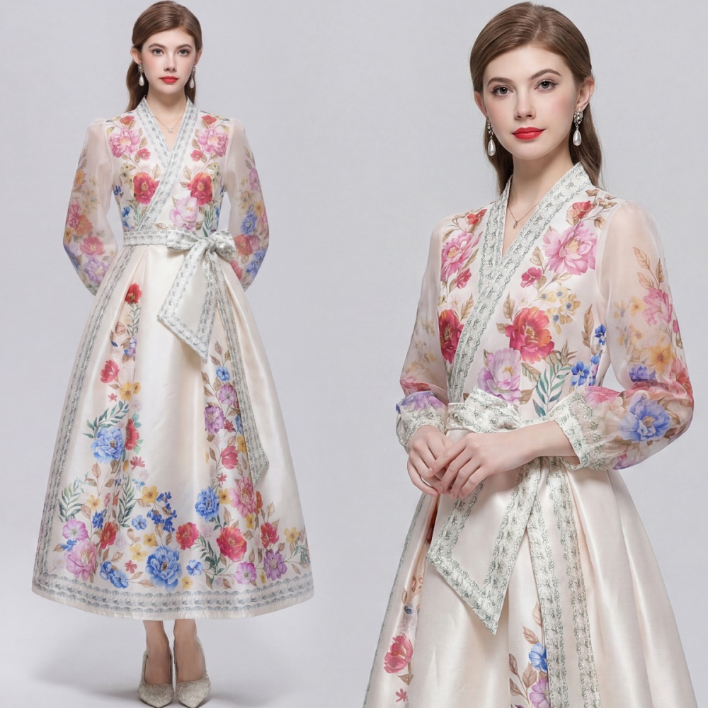 Printing big skirt dress pinched waist long dress