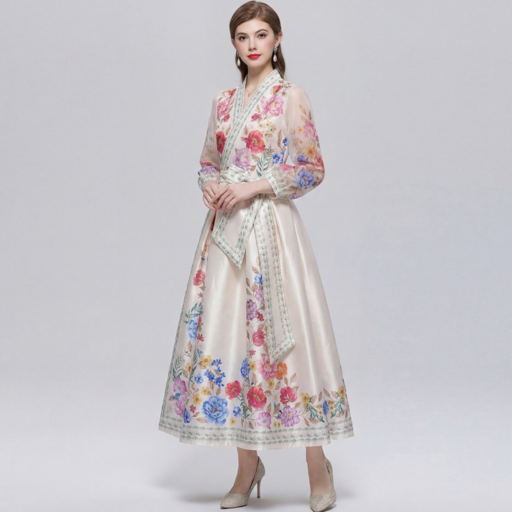 Printing big skirt dress pinched waist long dress