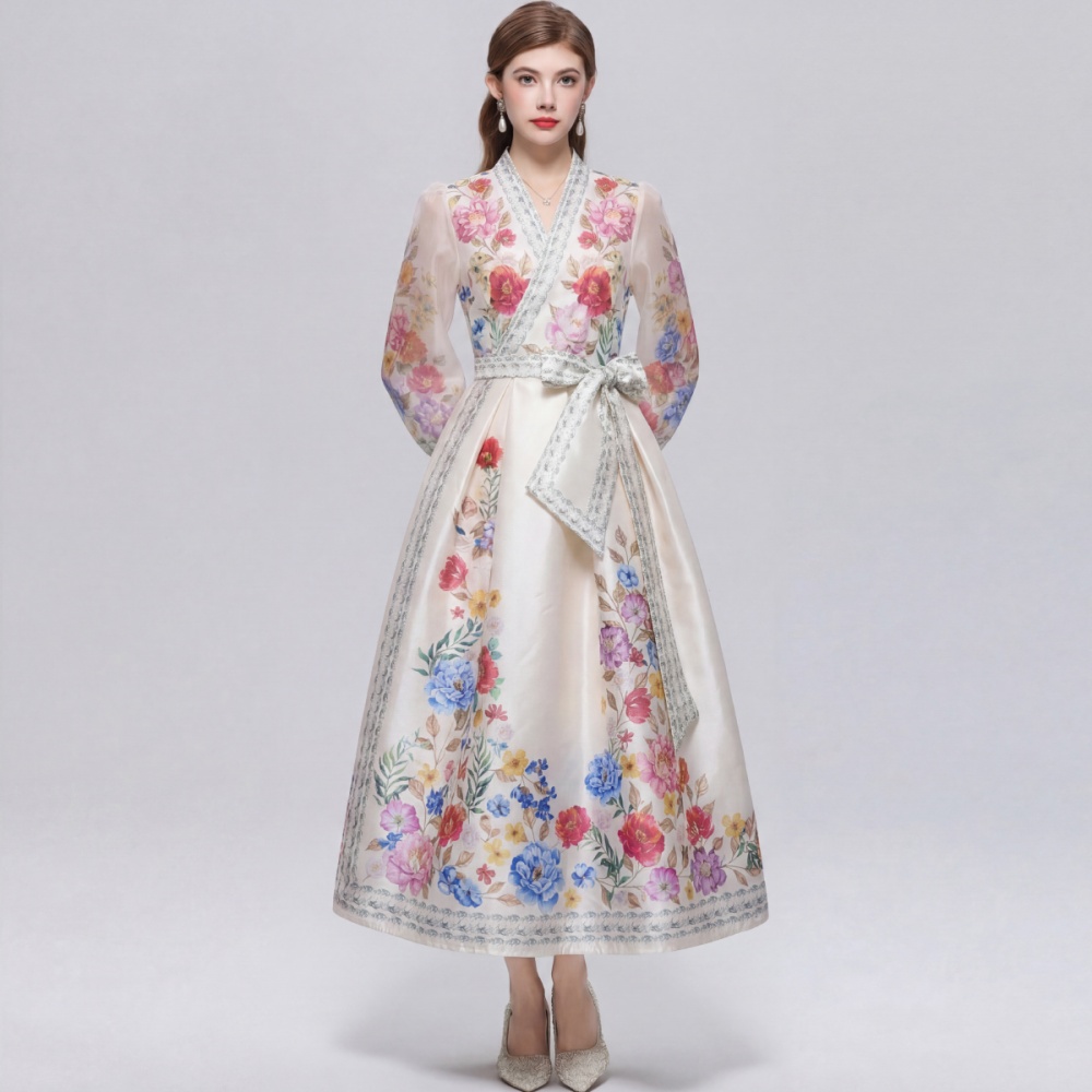 Printing big skirt dress pinched waist long dress