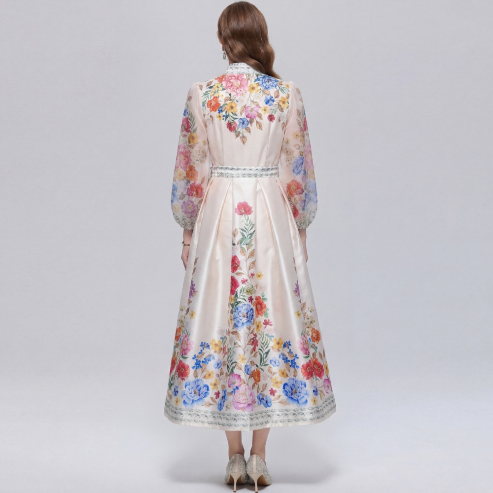 Printing big skirt dress pinched waist long dress