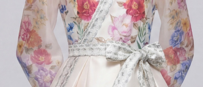 Printing big skirt dress pinched waist long dress