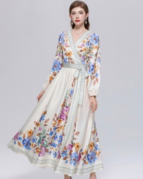 Court style slim dress France style printing long dress