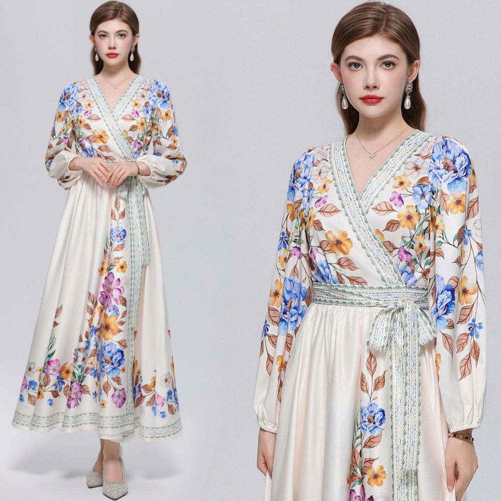 Court style slim dress France style printing long dress