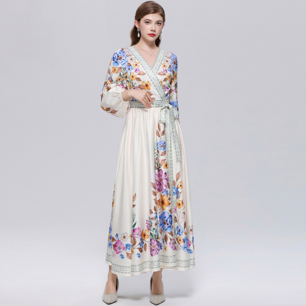 Court style slim dress France style printing long dress