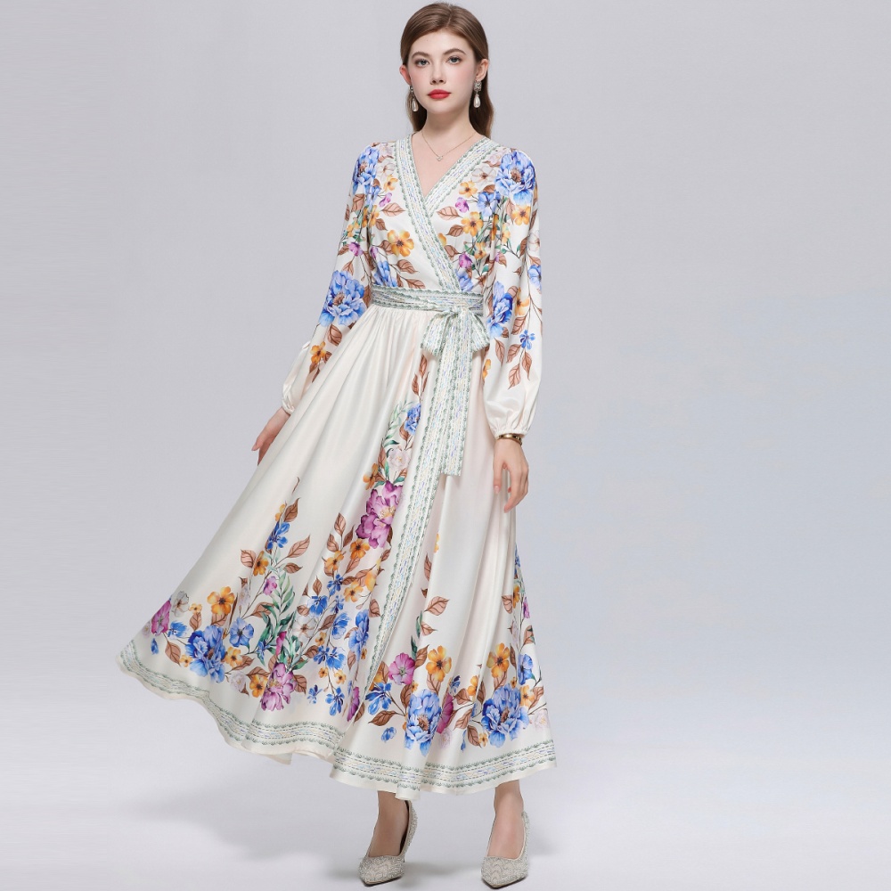 Court style slim dress France style printing long dress