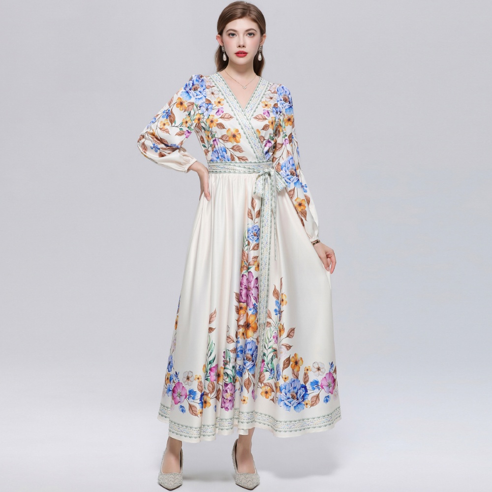 Court style slim dress France style printing long dress