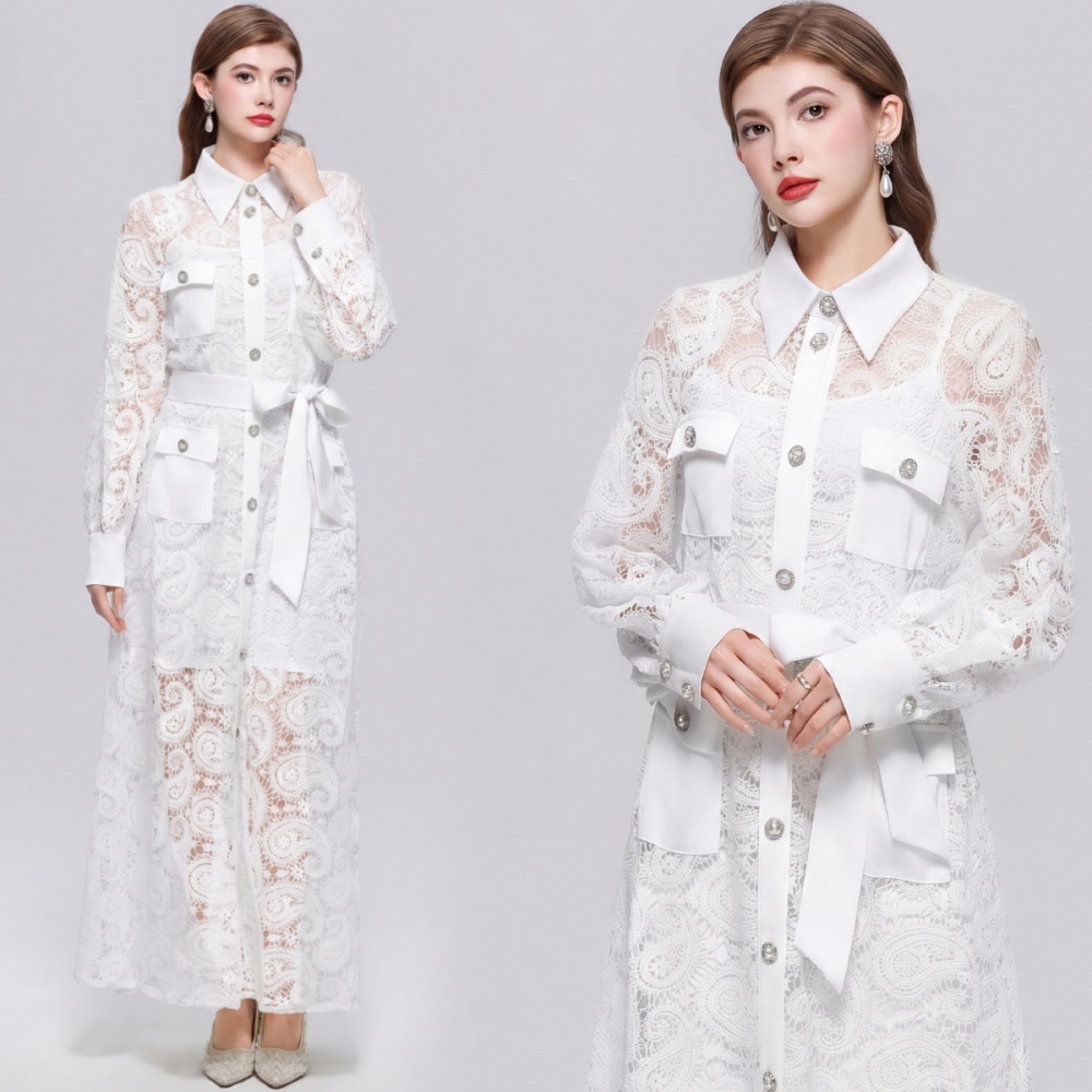 Lapel frenum lace dress hollow retro long dress