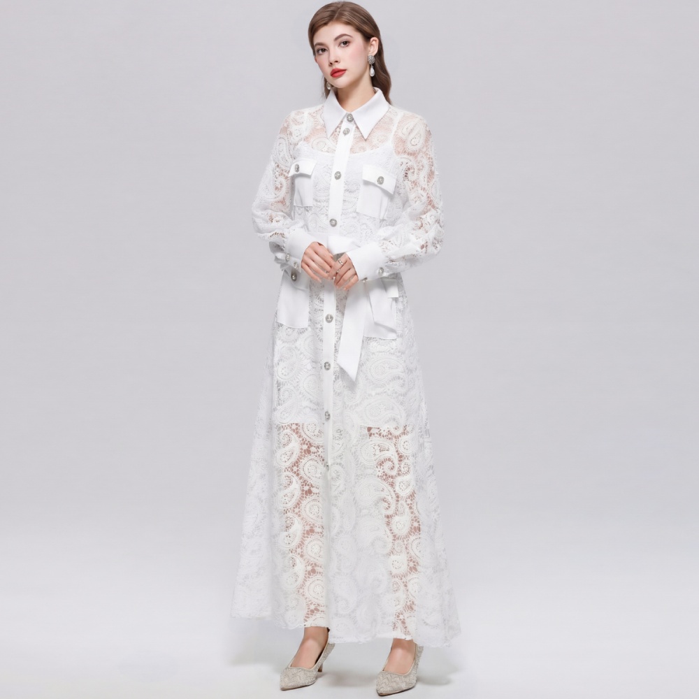 Lapel frenum lace dress hollow retro long dress