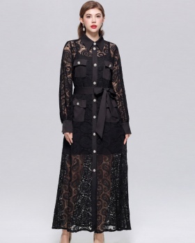 Lace retro long dress lapel hollow dress