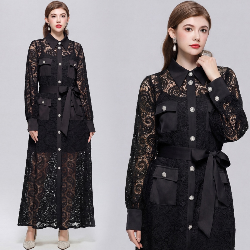 Lace retro long dress lapel hollow dress