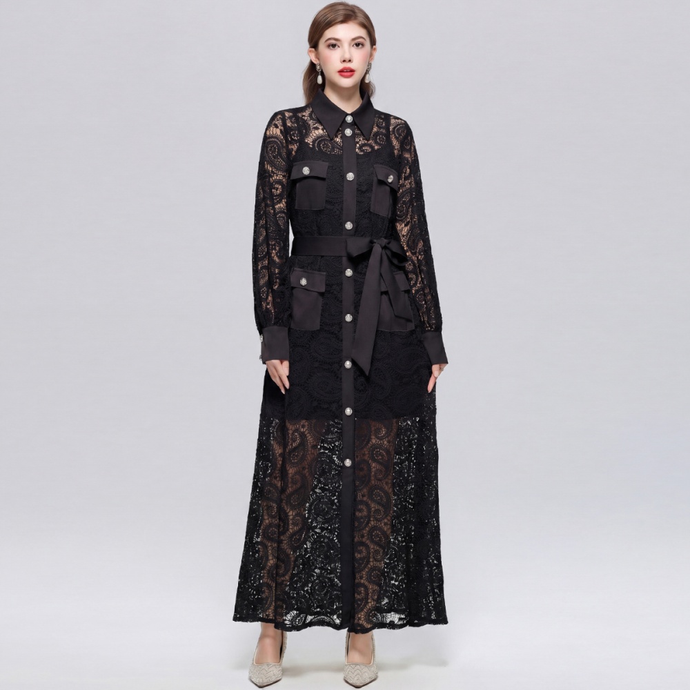 Lace retro long dress lapel hollow dress