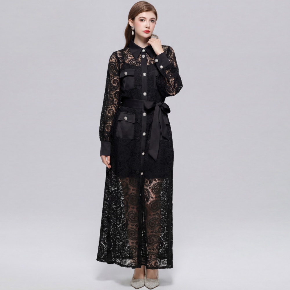 Lace retro long dress lapel hollow dress