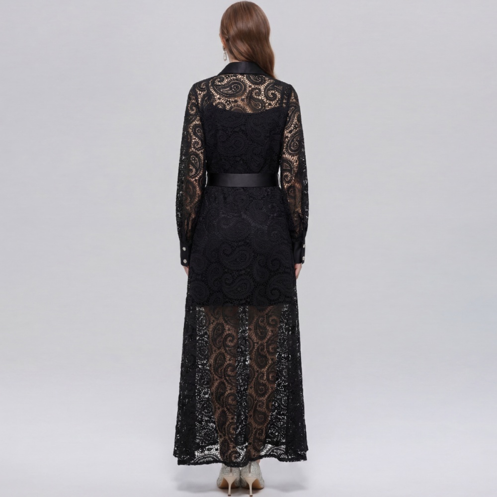 Lace retro long dress lapel hollow dress