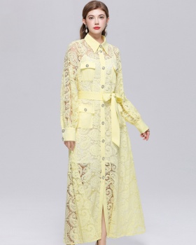Long sleeve retro long dress hollow lace dress
