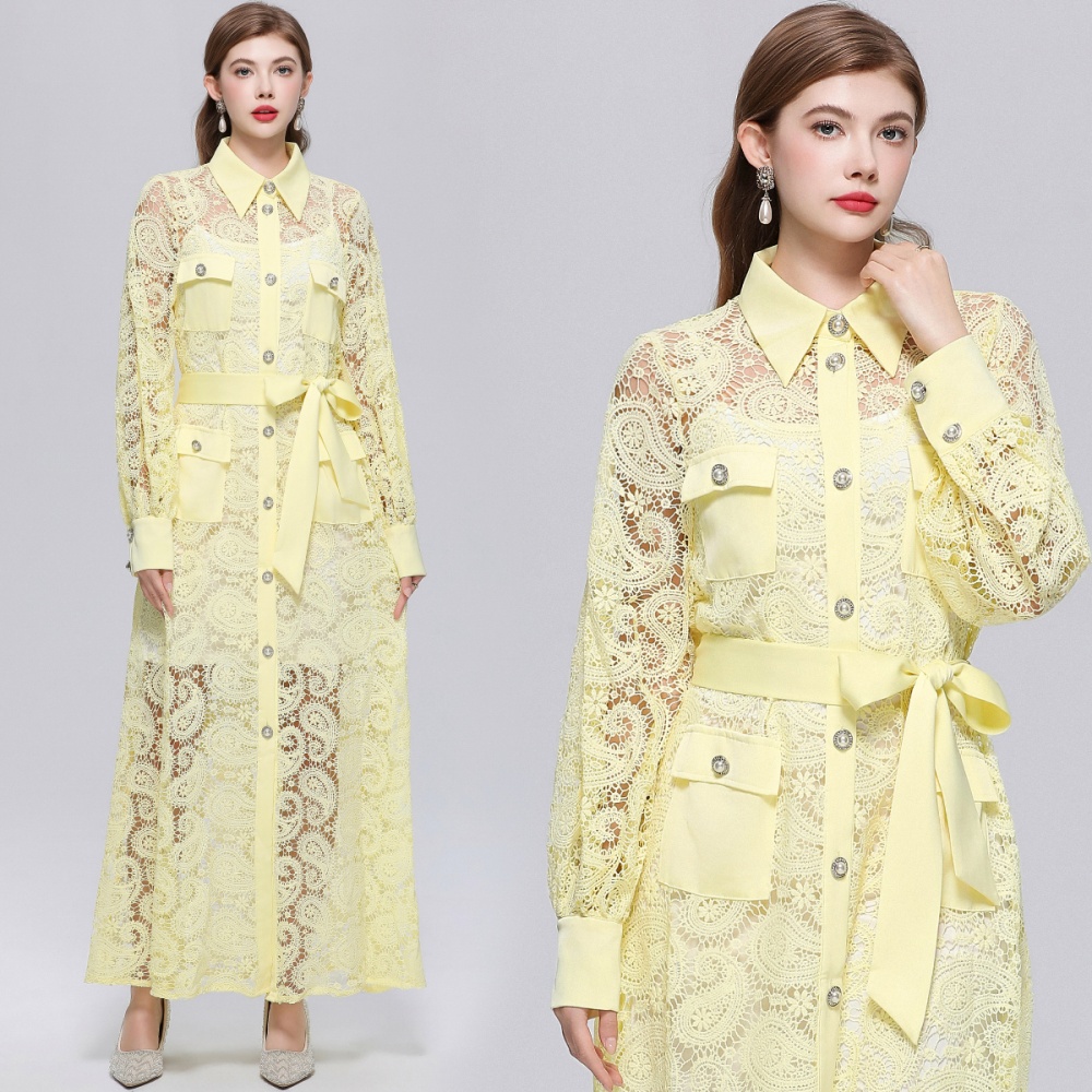 Long sleeve retro long dress hollow lace dress