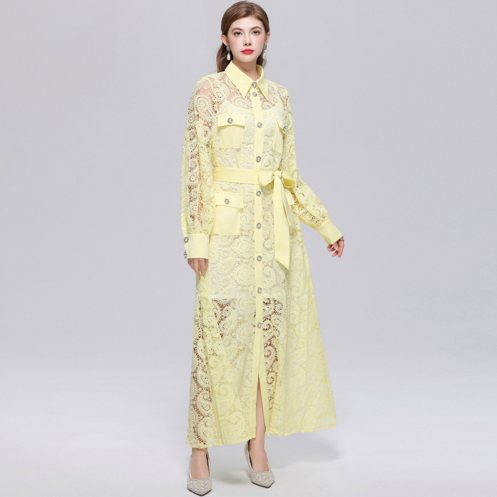 Long sleeve retro long dress hollow lace dress