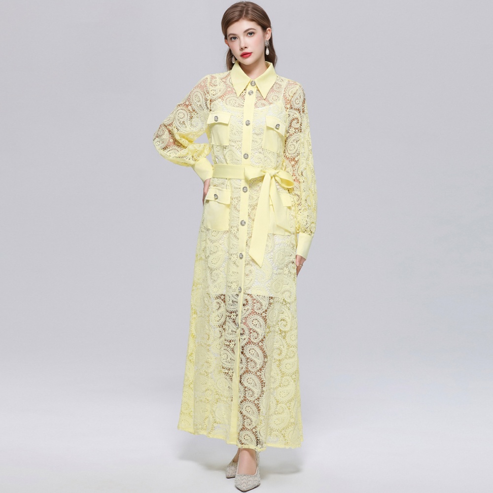 Long sleeve retro long dress hollow lace dress