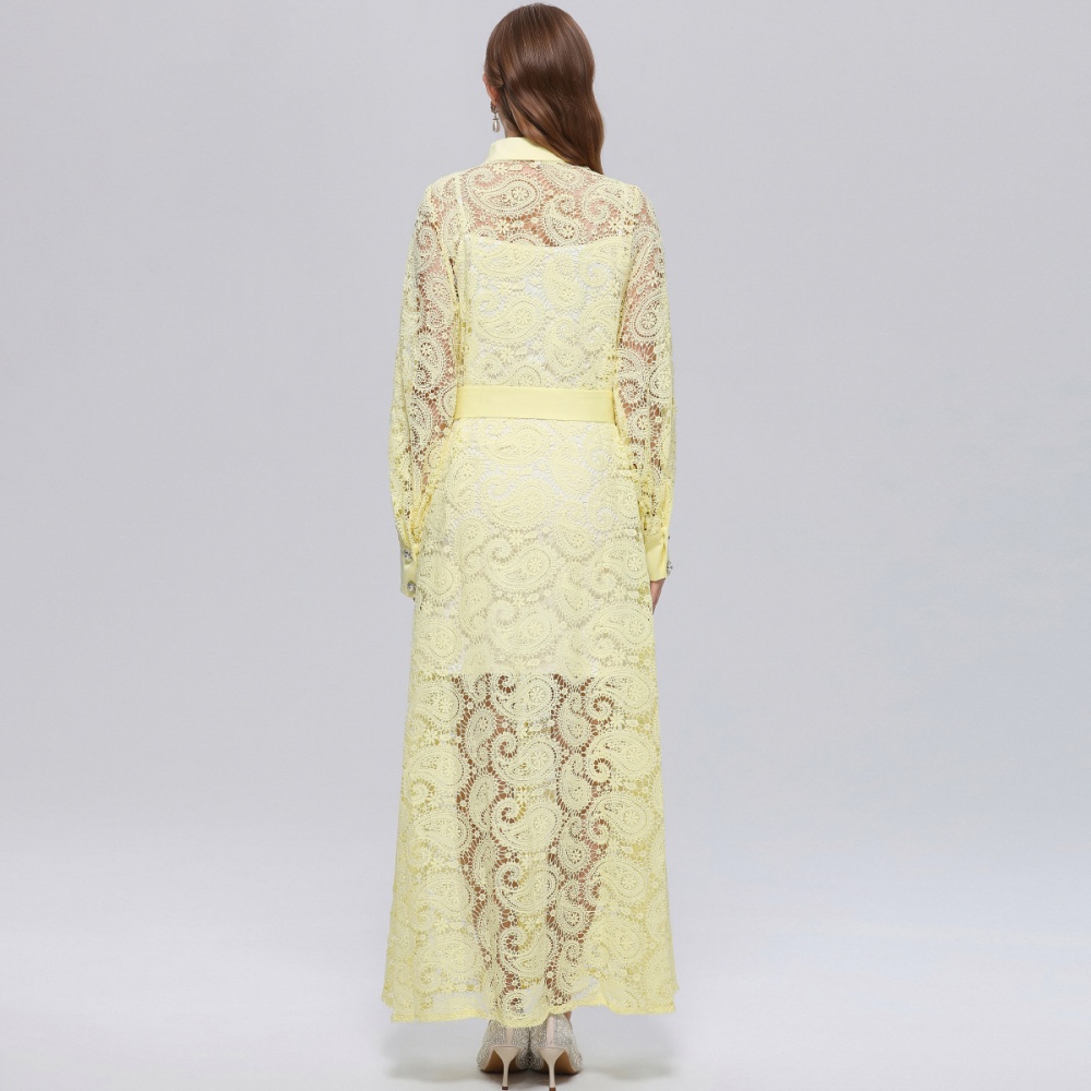 Long sleeve retro long dress hollow lace dress