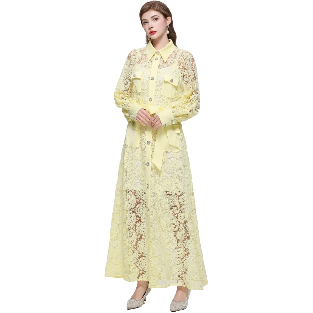 Long sleeve retro long dress hollow lace dress