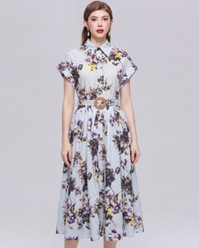 Printing pinched waist dress lapel slim shirt for women