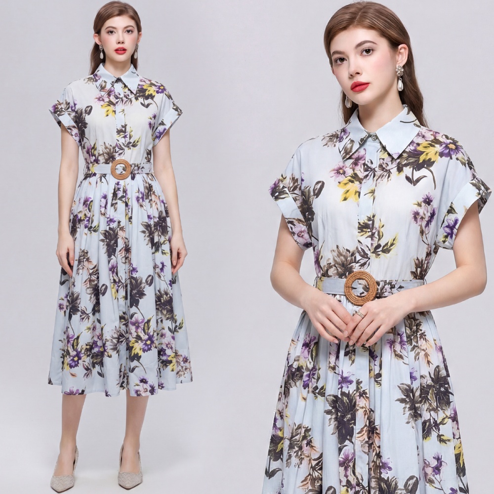 Printing pinched waist dress lapel slim shirt for women