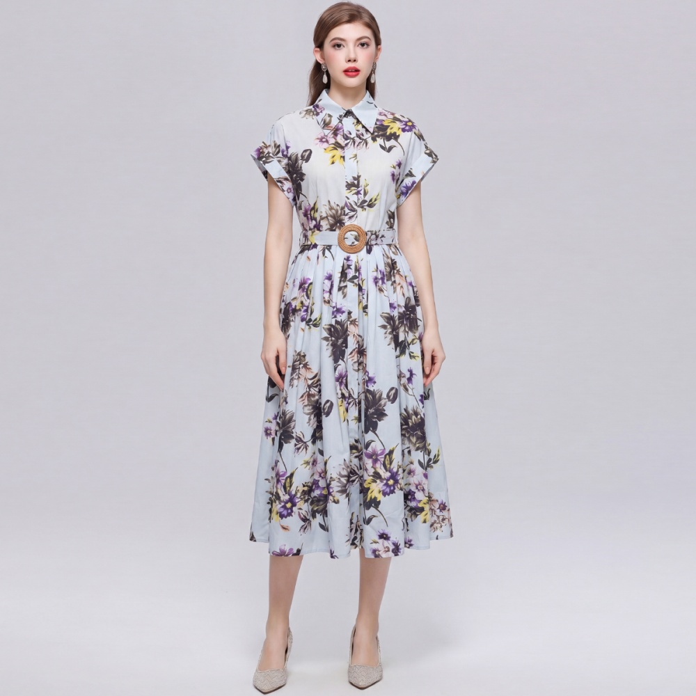 Printing pinched waist dress lapel slim shirt for women