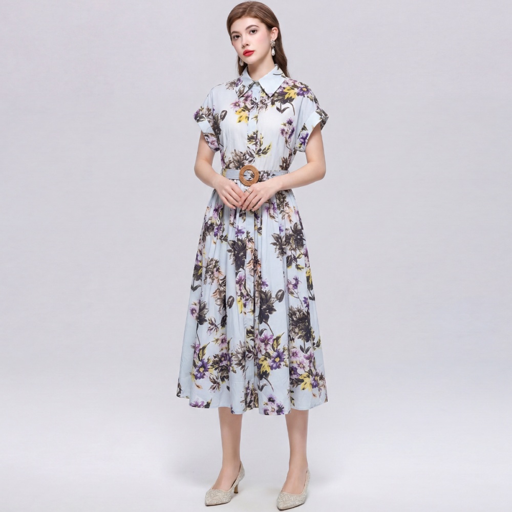Printing pinched waist dress lapel slim shirt for women