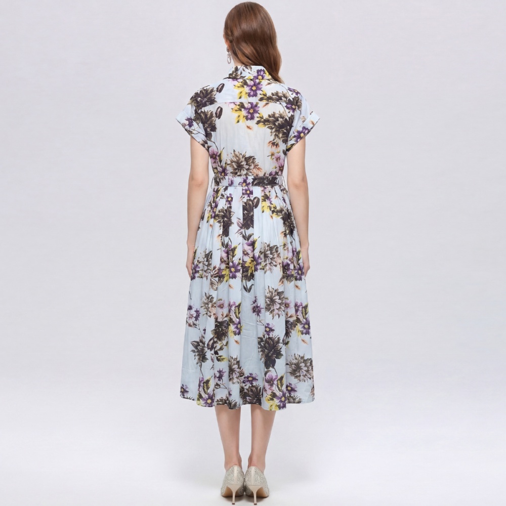 Printing pinched waist dress lapel slim shirt for women