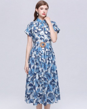 Long temperament shirt with belt printing dress for women
