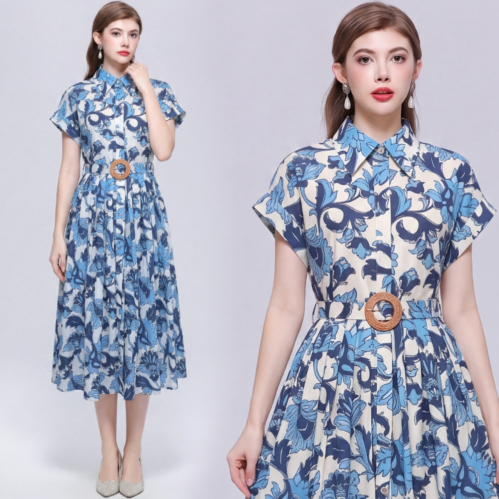 Long temperament shirt with belt printing dress for women