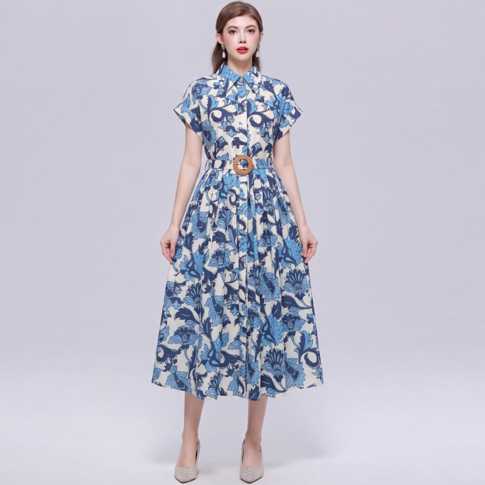 Long temperament shirt with belt printing dress for women