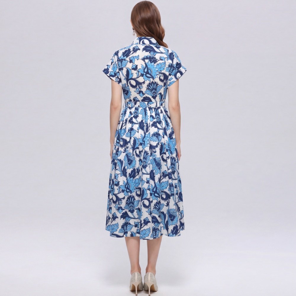 Long temperament shirt with belt printing dress for women