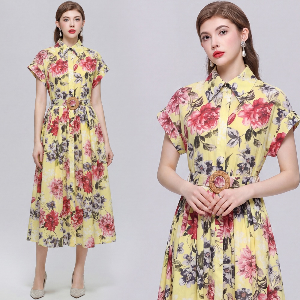 Slim long dress elegant with belt shirt for women