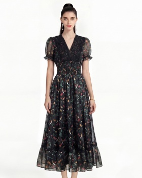 V-neck printing France style retro dress