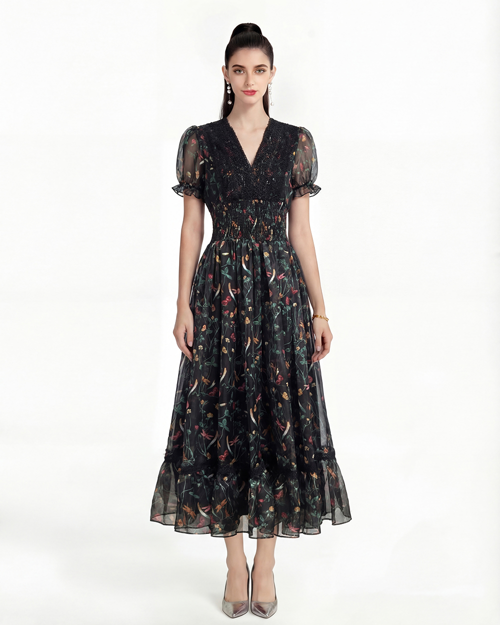 V-neck printing France style retro dress