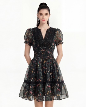 Retro printing France style V-neck dress