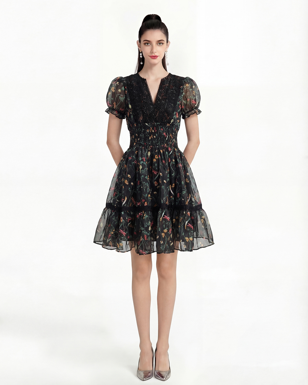 Retro printing France style V-neck dress