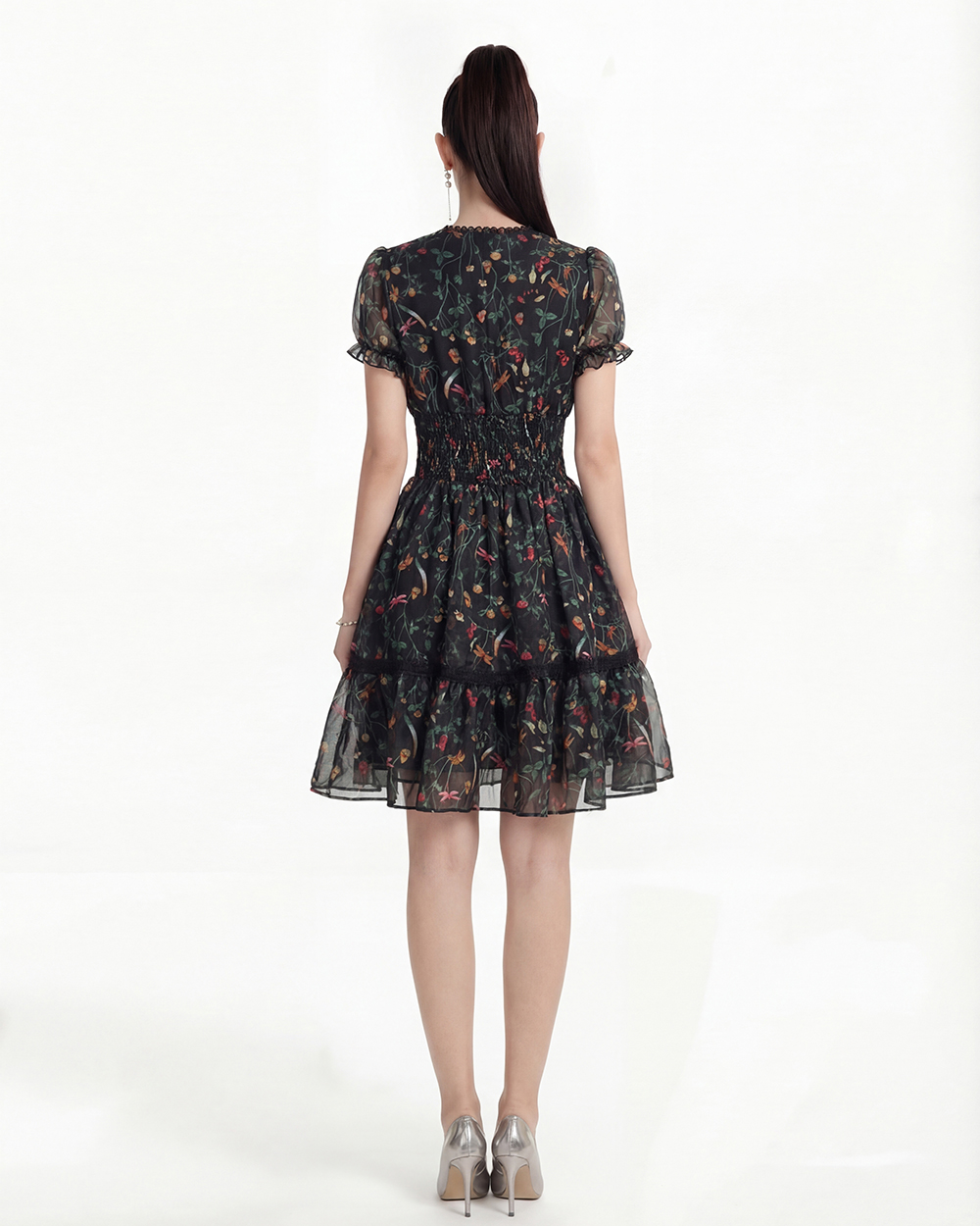 Retro printing France style V-neck dress