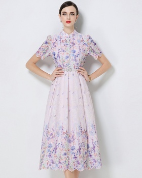 Long fashion short sleeve printing slim embroidery dress