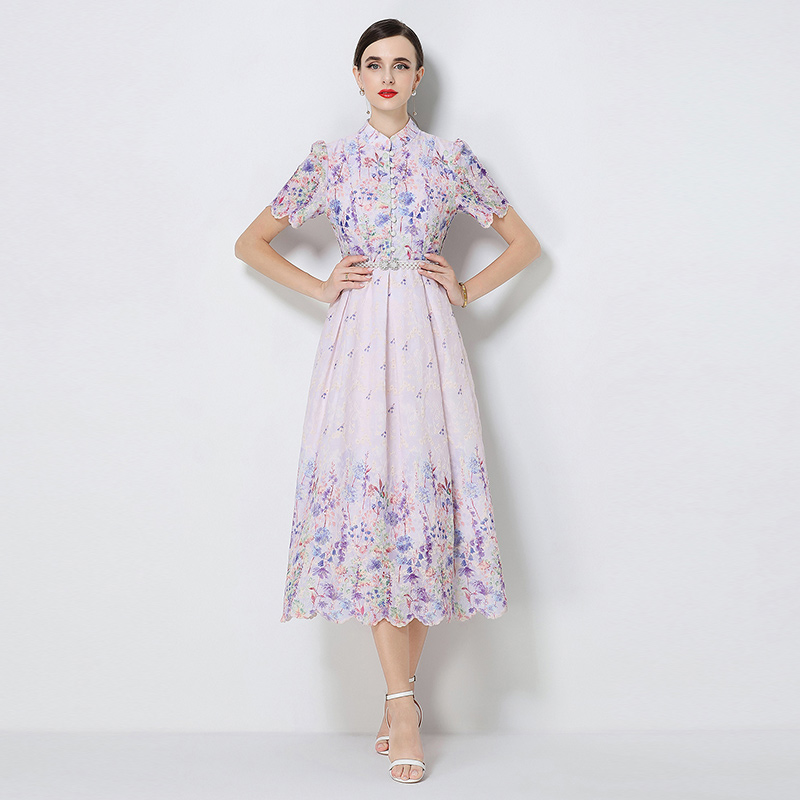 Long fashion short sleeve printing slim embroidery dress