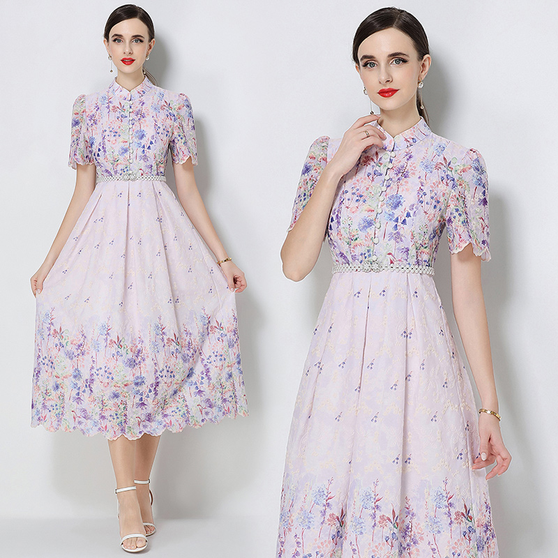 Long fashion short sleeve printing slim embroidery dress