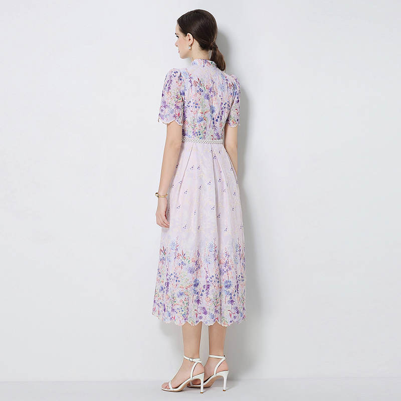 Long fashion short sleeve printing slim embroidery dress