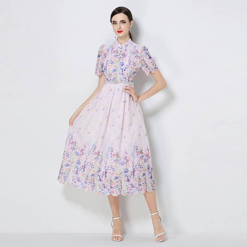 Long fashion short sleeve printing slim embroidery dress