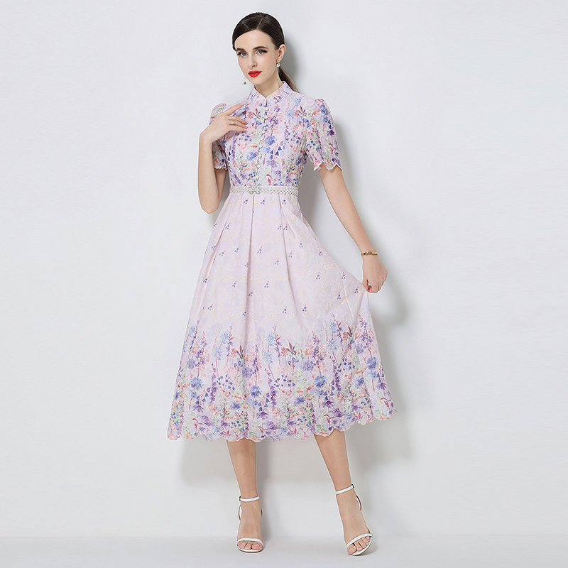 Long fashion short sleeve printing slim embroidery dress