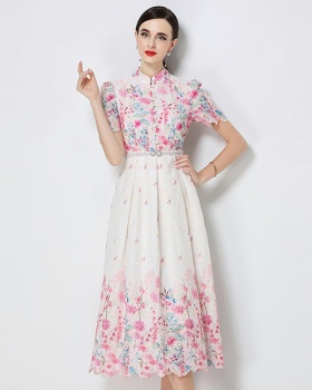 Short sleeve embroidery printing slim fashion long dress